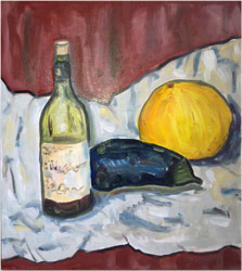 Oilpaint study in one session with bottle, aubergine and melon.