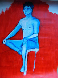 Open inloop les modelschilderen. Raoul in 1 sessie in acrylverf. Rood tegen blauw contrast.