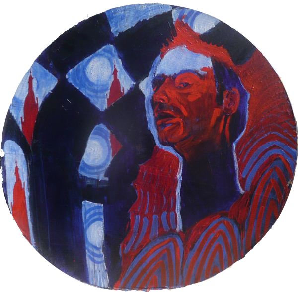 Zelfportret in rood & blauw, acryl op karton, 120cm., 1996, Peter Eurlings, (als voorbeeld voor de teken- en schilderlessen (tekencursus/ schildercursus).