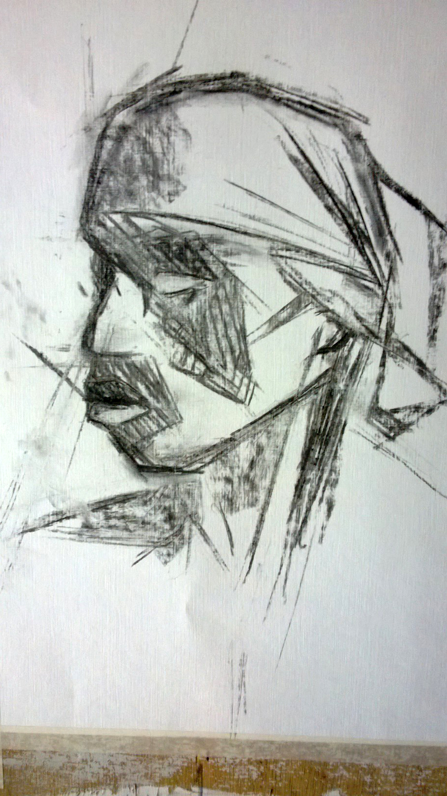Portraiture: simple sketch in straight lines (charcoal): contour plus edge between light and shade.