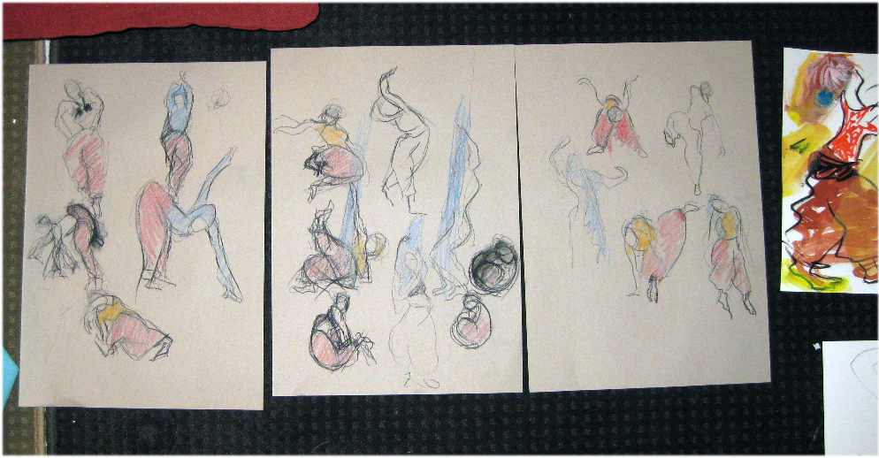 Tekenen en schilderen naar moderne dans/ Drawing and painting after modern dance.