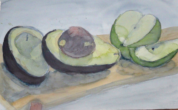 Stilleven met appel en avocado in aquarel door Bart / Still life with avocado and apple in watercolours by Bart (15-02-2010)