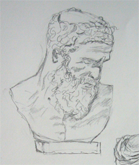 Korte studie van een beeld/ kop in het Allard Pierson Museum in potlood op papier.