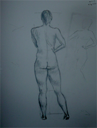 13-11-2009, Modeltekenen, studie van de staande stand, rugzijde contra-posto: standbeen en steunbeen.