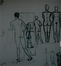 13-11-2009, Modeltekenen, studie van de staande stand, rugzijde contra-posto: standbeen en steunbeen.