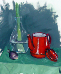 16-11-2009, kleurenmengoefening in olieverf op olieverfpapier naar stilleven met rode theepot en transparantie.