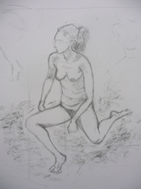 18-11-2009, Meten en passen van zittende figuur. Studie naar model. Door de dichtbij positie van de tekenaar ontstaat er 'vertekening'.