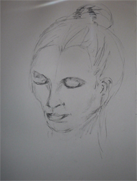 2-12-2009. Portrettekenles: opzet van een langere studie in volume-tekenen. Houtskool/ potlood.