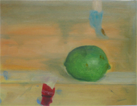 20-11-2009, Kleurenoefening in olieverf, limoen en kleurstroken in traditionele compositie. Stilleven in 1 sessie geschilderd als studie.