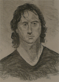 27-11-2009, Portrettekenstudie in houtskoolpotlood. Verzachting door paralelle arcering. Pose 'en-face'.