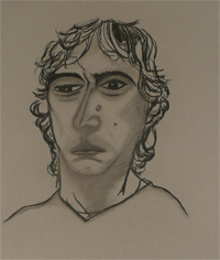 27-11-2009, Portrettekenstudie in houtskool met verzachting in de neus om accenten te verleggen. 