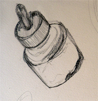 27-11-2009, Schetsen elips basisvormen: inktflesje met scheve druppelaar. Potlood op papier.