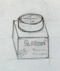 30-11-2009, Eerste oefening van een Pelikan inktpotje. elips op vierkant. Uitgevoerd in architectuur zou het contrast misschien wel Rietveld - Kisho Kurokawa in het Van Gogh Museum kunnen zijn. Potlood op papier.