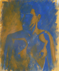 Experimenteel: half figuur in blauw en oker, acrylverf.