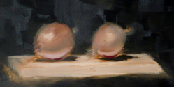 traditioneel stilleven studie met uien, olieverf/ traditional still live study with onions, oil paint
