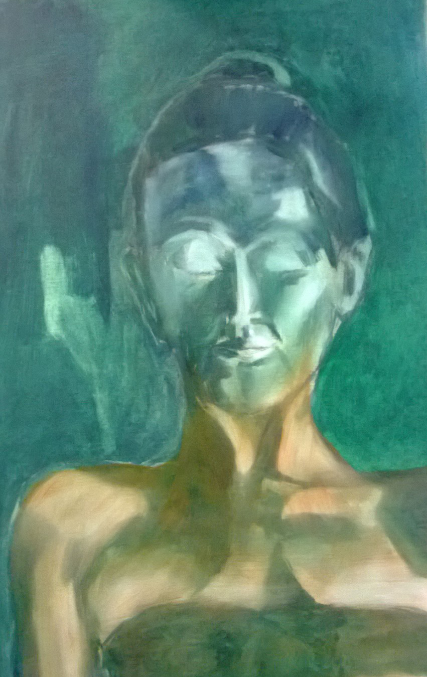 Portraiture in oilpaint. Bringing life (color) in transparent layers on top of a green (dead coloring) underpaint. 