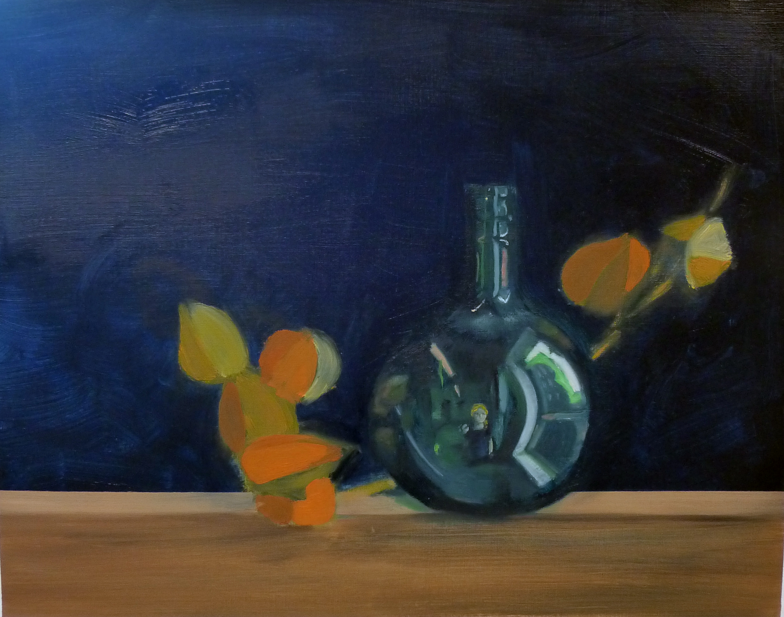 Painted still life in oils in three sessions plus a self portraiture of the painter as part of the reflection in the bottle.