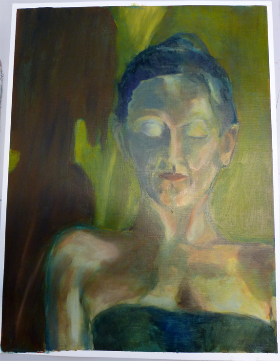 Portraiture in oilpaint: 2nd session: transparent colors on top of a green underpainting.